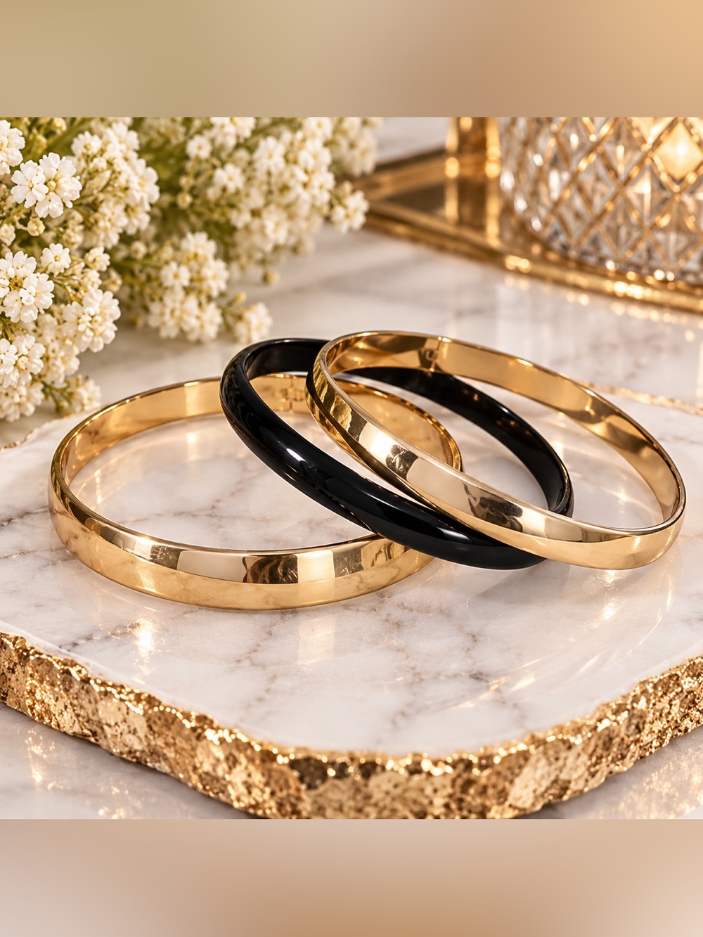 ✨ 3-Piece Metallic Bangle Bracelet Set — Gold & Black